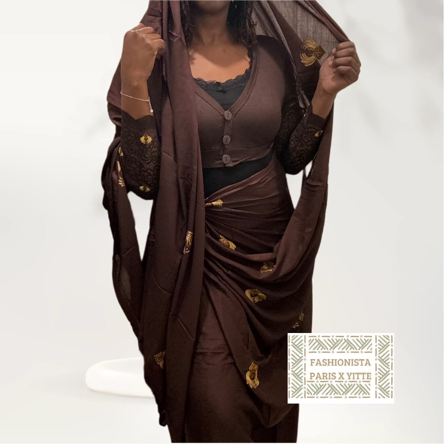 Melhfa brodée marron avec haut assorti