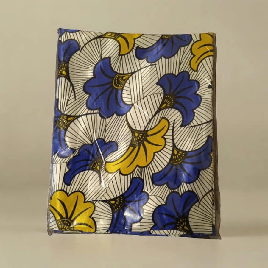 Tissu wax satin soie Fleurs de mariage bleu et jaune