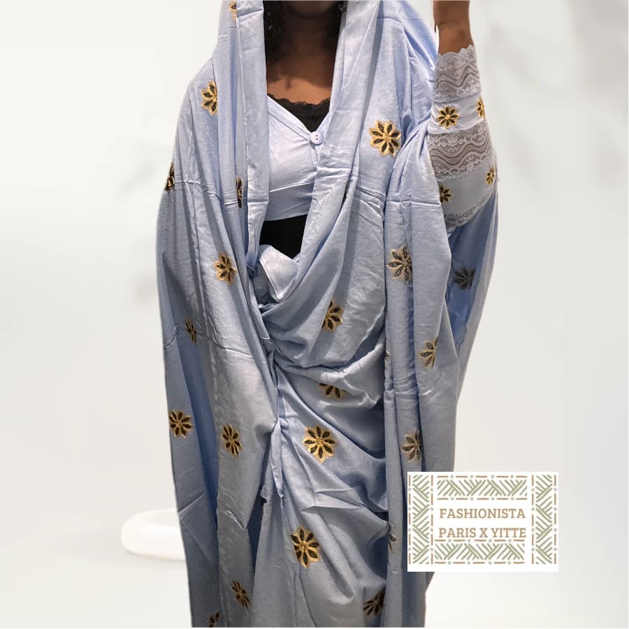 Melhfa bleue brodée avec haut assorti