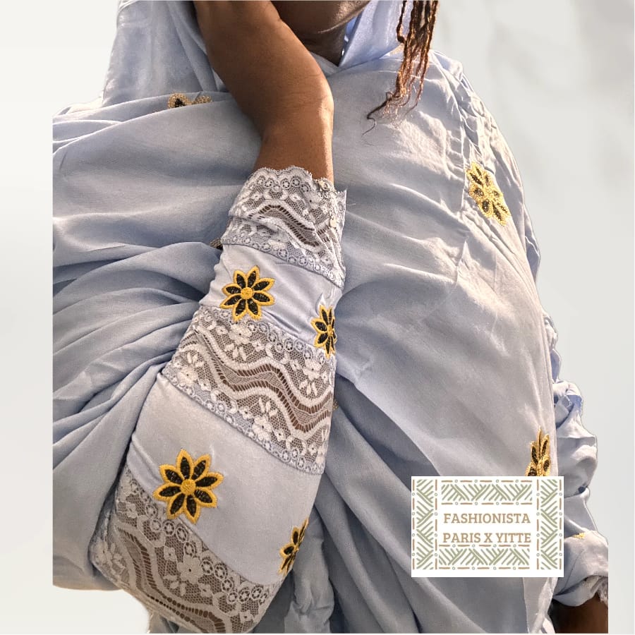 Melhfa bleue brodée avec haut assorti