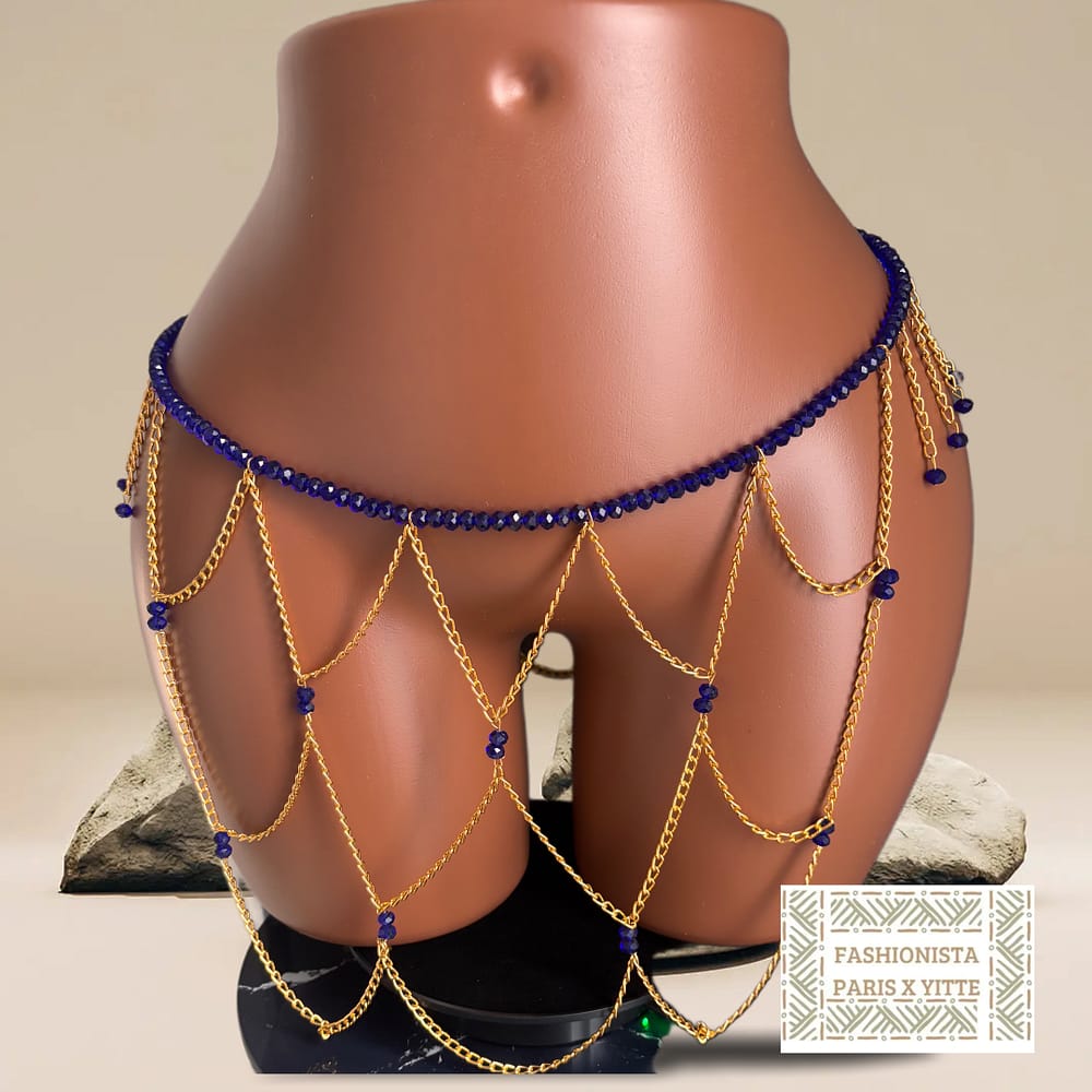 Chaîne de taille dorée & perles bleu nuit