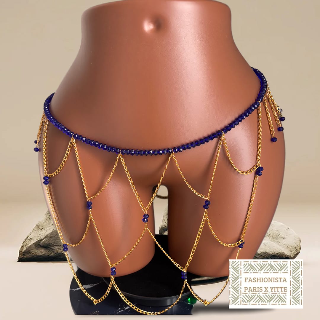 Chaîne de taille dorée & perles bleu nuit