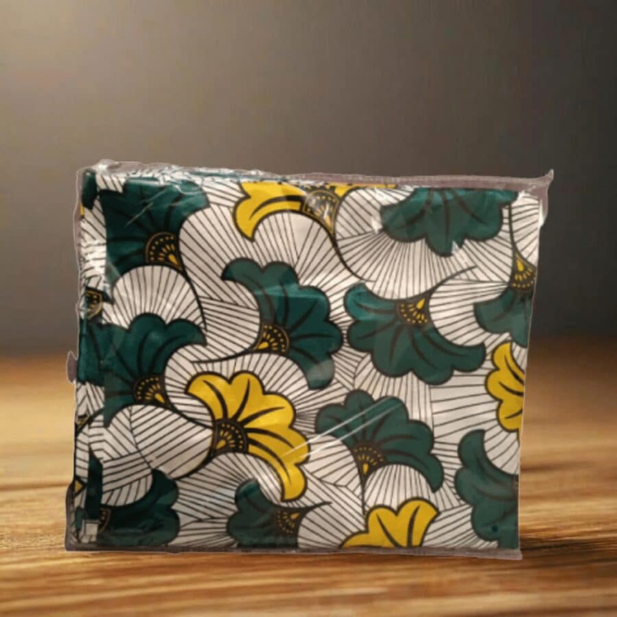 Tissu wax satin soie Fleurs de mariage vert et jaune