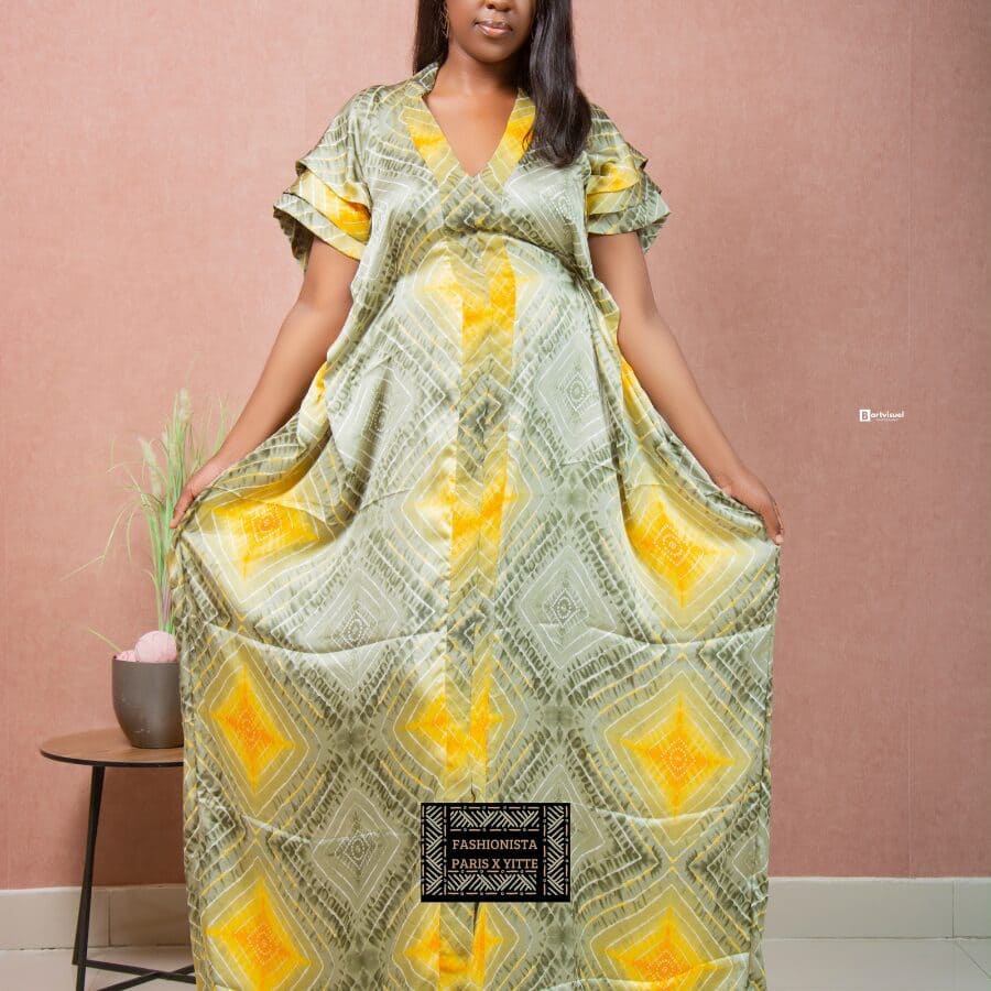 Robe Soie Imprimée – Vert et Jaune