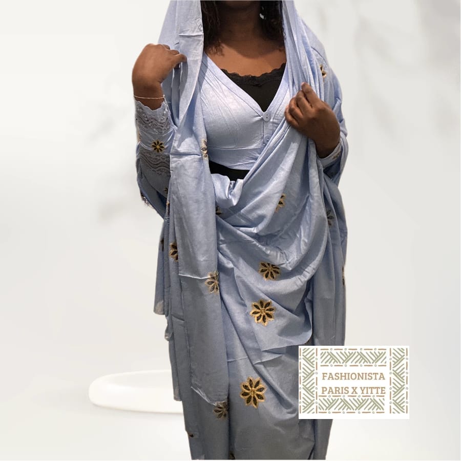 Melhfa bleue brodée avec haut assorti